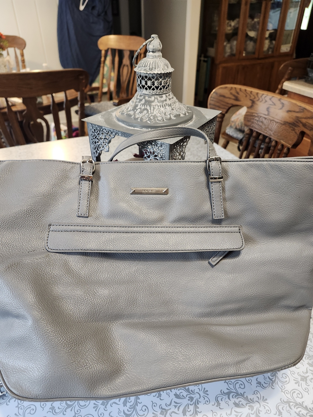 Nine West Pebbled Light Gray Leather Tote with Front Flap Pocket With Zipper .